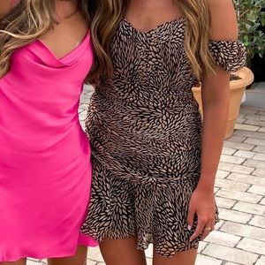 Tan and black off the shoulder mini dress
